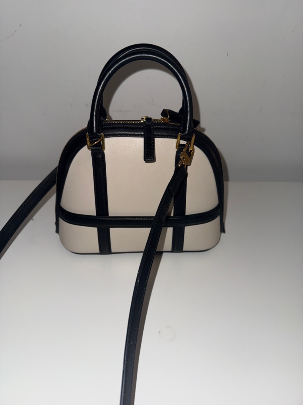 Cream and Black Dome Satchel Bag - Structured Women’s Handbag